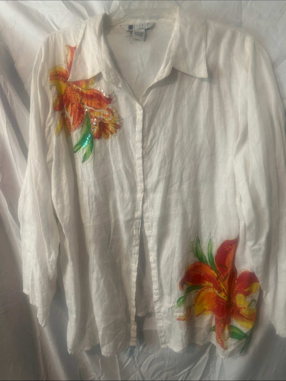 Carole Little White Button-Front Shirt with Orange and Yellow Floral Accents